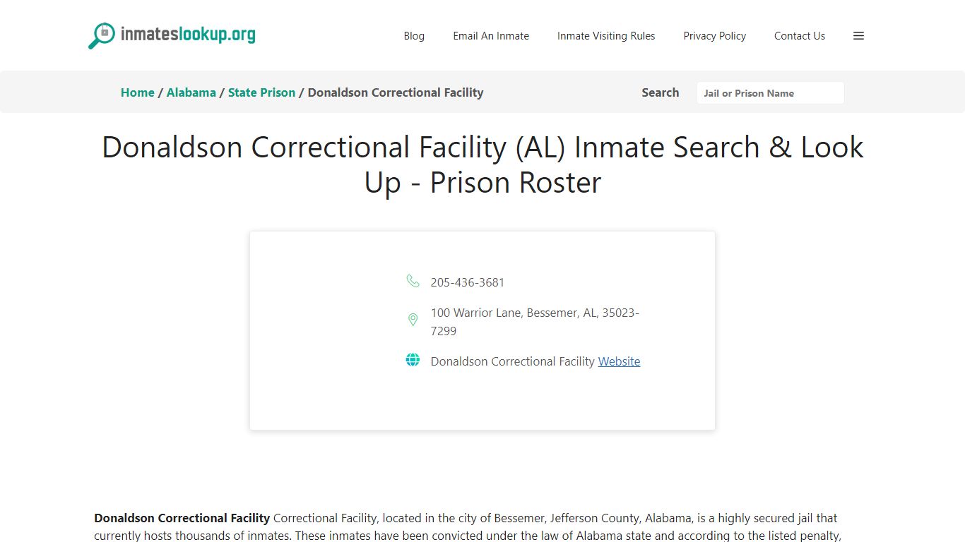 Donaldson Correctional Facility (AL) Inmate Search & Look Up - Prison ...